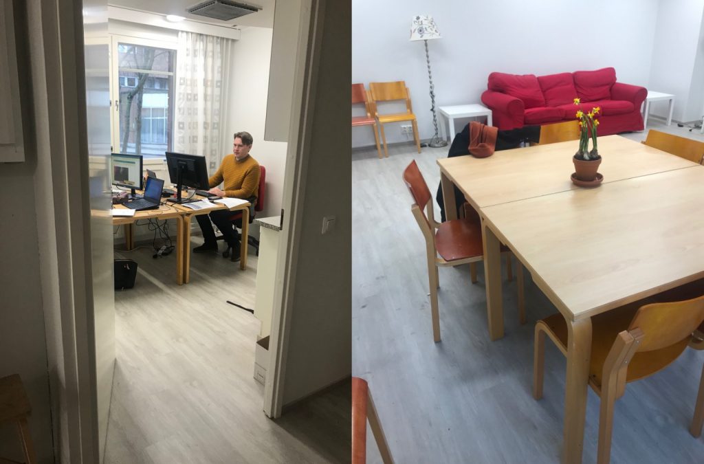 Uusi toimisto kahtena kuvana. Ensimmäisessä hankepäällikkö Tapio työpöytänsä ääressä ja toisessa pöytäryhmä.